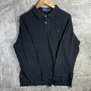 Polo Ralph Lauren Men's Black Cotton Long Sleeve Polo Shirt Red Pony Size XL